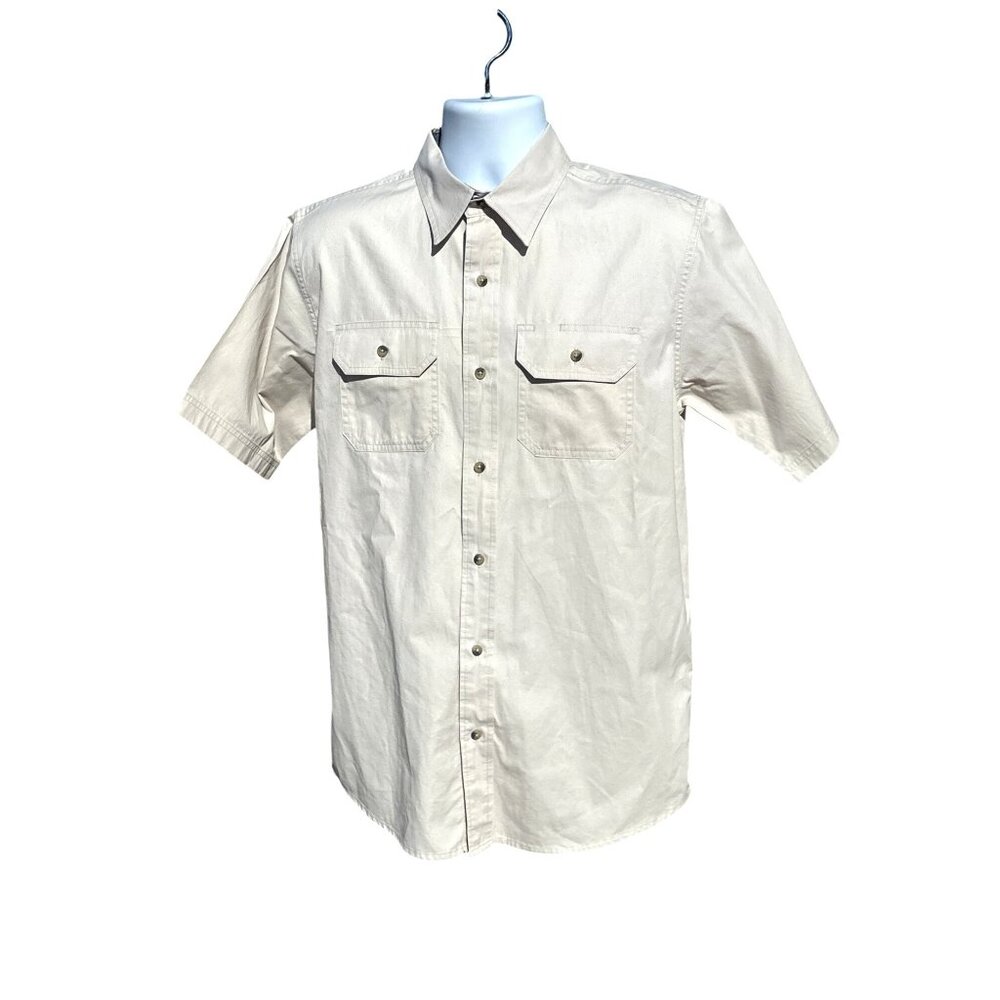CCC Mens Short Sleeve Beige Button Up Shirt With Dual Front Pockets Point Collar